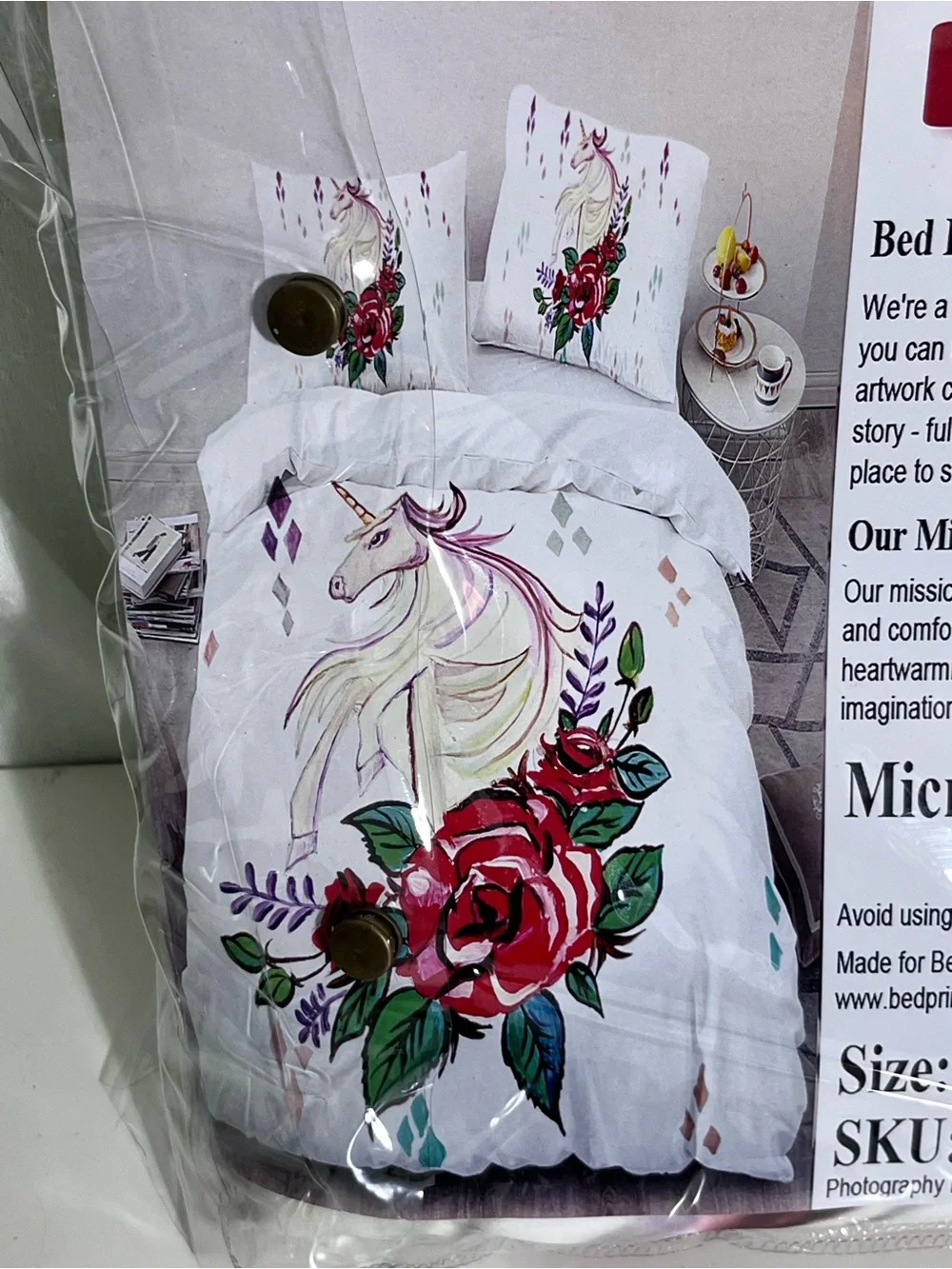 Bed Prints USA Queen Unicorn Rose Floral 3 Piece Duvet Cover Set